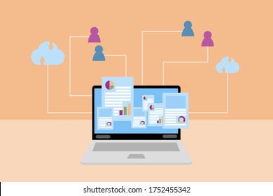 Webinar or e-learning concept. Laptop and cloud storage data icon, pink and blue person icon on orange background. Internet connection for meeting and study online. Work and study from home.    
