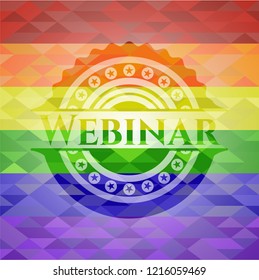 Webinar emblem on mosaic background with the colors of the LGBT flag