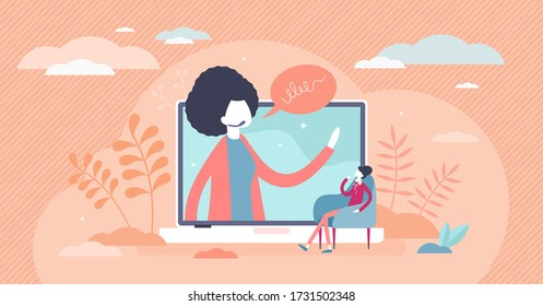 Webinar female vector illustration. Online course flat tiny persons concept. Distance seminar with woman lecture and digital school. Internet conference with professional educational communication.