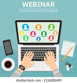 Webinar flat design concept illustration. Man hands typing on the laptop and social icons on screen.