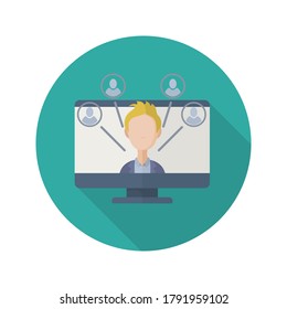 Icono plano del seminario web con una sombra larga. Ilustración educativa en línea. Vector.