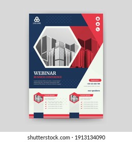 Plantilla de volante Webinar de color rojo y azul, tamaño a4. Vector