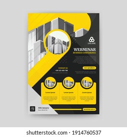 Plantilla de volante Webinar de color amarillo y negro, tamaño a4. Vector