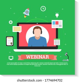 Webinar flyer-online education-isometric-online-education-concept-online education icons and online webinar elements.