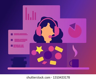 Webinar The girl in the headset. Web consultant and web assistant. Talking on the internet. Distance learning. Internet support. Operator. Video Call. Training online