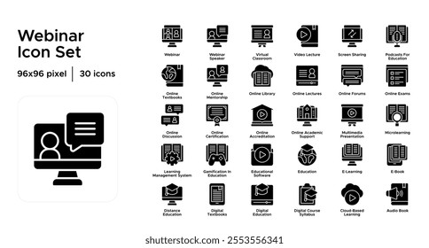 Webinar Glyph Icon Set: Virtual Events, Online Conferences, and Live Workshops Icons
