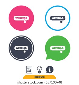 Webinar hand pointer sign icon. Web study symbol. Website e-learning navigation. Report document, information sign and light bulb icons. Vector