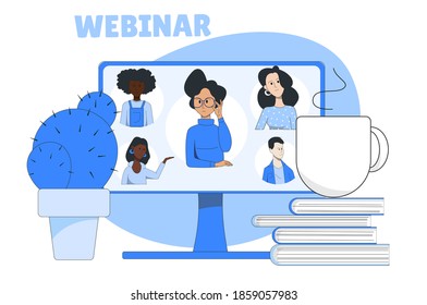 Webinar at home, monitor with people communicating on the Internet.