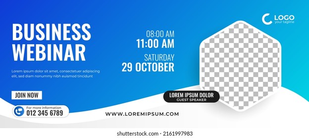 Webinar horizontal banner design template. Blue background with white flow shape. Usable for banner, cover, and header