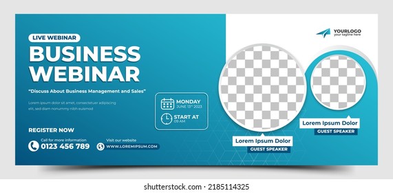 Webinar horizontal banner template design. Gradient blue background with circle photo frame