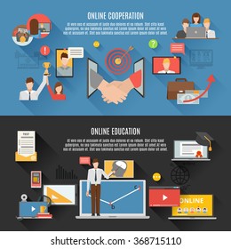 Webinar horizontal banners set of online education and online cooperation decorative elements flat vector illustration 