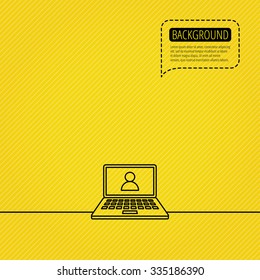 Webinar icon. Chat video sign. Online education symbol. Speech bubble of dotted line. Orange background.