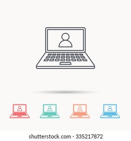 Webinar icon. Chat video sign. Online education symbol. Linear icons on white background.