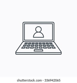 Webinar icon. Chat video sign. Online education symbol. Linear outline icon on white background.
