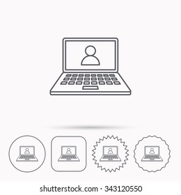 Webinar icon. Chat video sign. Online education symbol. Linear circle, square and star buttons with icons.