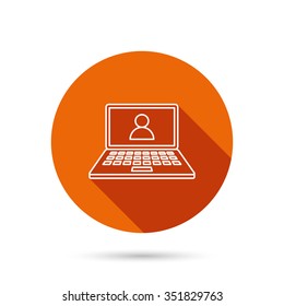 Webinar icon. Chat video sign. Online education symbol. Round orange web button with shadow.