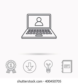 Webinar icon. Chat video sign. Online education symbol. Download arrow, lamp, learn book and award medal icons.