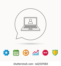 Webinar icon. Chat video sign. Online education symbol. Calendar, Graph chart and Cogwheel signs. Download and Shield web icons. Vector