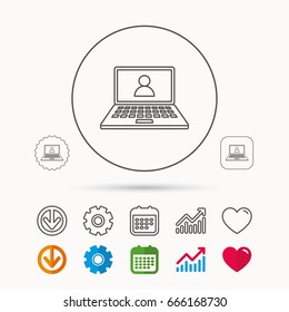 Webinar icon. Chat video sign. Online education symbol. Calendar, Graph chart and Cogwheel signs. Download and Heart love linear web icons. Vector
