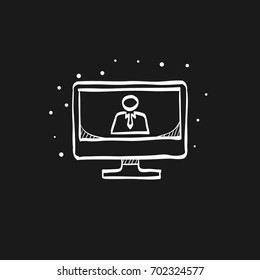 Webinar icon in doodle sketch lines. E-learning internet university college study distance connection