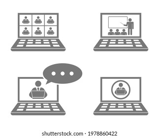Icono de seminario web establece el concepto de educación en línea. Computadora portátil con icono de persona de trabajo en equipo aislado en fondo blanco