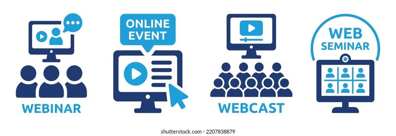 Webinar icon set. Web seminar or online event symbol. Webcast sign vector illustration. Business training concept.