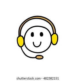 Webinar icon. Symbol of happy listening person with headphones. Smiling face