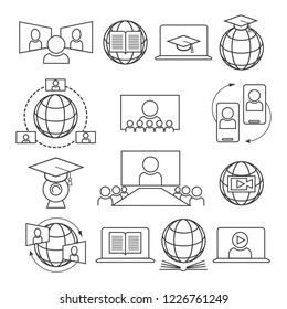 Webinar icons. Online learning vector icon set, web call studying line signs or video conference meeting linear symbols
