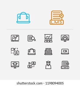 Webinar icons set. Development training and webinar icons with online course, online knowledge and education e-learning. Set of professional for web app logo UI design.