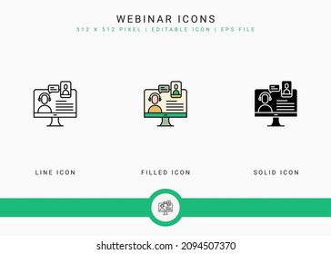 Webinar icons set vector illustration with solid icon line style. Online video conference concept. Editable stroke icon on isolated background for web design, user interface, and mobile app