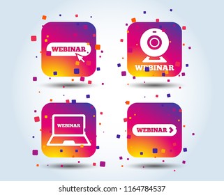 Webinar icons. Web camera and notebook pc signs. Website e-learning or online study symbols. Colour gradient square buttons. Flat design concept. Vector