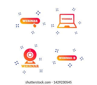 Webinar icons. Web camera and notebook pc signs. Website e-learning or online study symbols. Random dynamic shapes. Gradient webinar icon. Vector