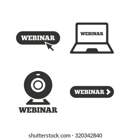 Webinar icons. Web camera and notebook pc signs. Website e-learning or online study symbols. Flat icons on white. Vector