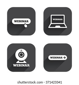 Webinar icons. Web camera and notebook pc signs. Website e-learning or online study symbols. Square flat buttons with long shadow.