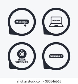 Webinar icons. Web camera and notebook pc signs. Website e-learning or online study symbols. Flat icon pointers.