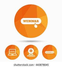 Webinar icons. Web camera and notebook pc signs. Website e-learning or online study symbols. Triangular low poly buttons with shadow. Vector