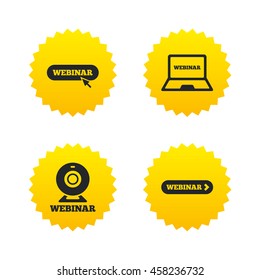 Webinar icons. Web camera and notebook pc signs. Website e-learning or online study symbols. Yellow stars labels with flat icons. Vector