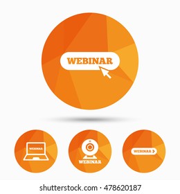 Webinar icons. Web camera and notebook pc signs. Website e-learning or online study symbols. Triangular low poly buttons with shadow. Vector