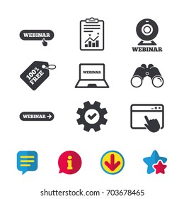 Webinar icons. Web camera and notebook pc signs. Website e-learning or online study symbols. Browser window, Report and Service signs. Binoculars, Information and Download icons. Stars and Chat