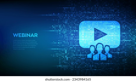 Webinar. Internet conference icon made with binary code. Web based seminar. Distance Learning. E-learning. Business Training. Digital binary data streaming digital code background. Vector illustration