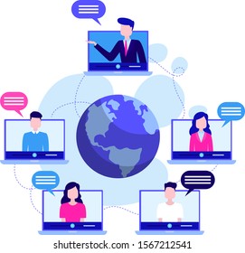 Webinar, internet conference, web based seminar, online communication for business, network conference, distant work, distant education flat design, vector illustration