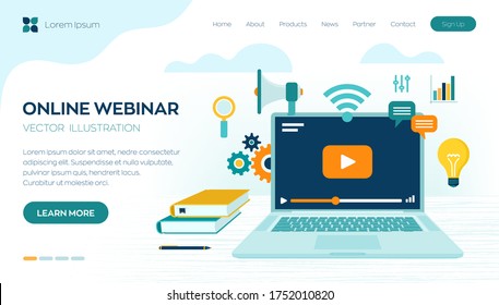 Webinar. Internet conference. Web based seminar. Distance Learning. E-learning Training business concept. Video tutorials. Online courses. Workplace and working on laptop. Vector illustration.