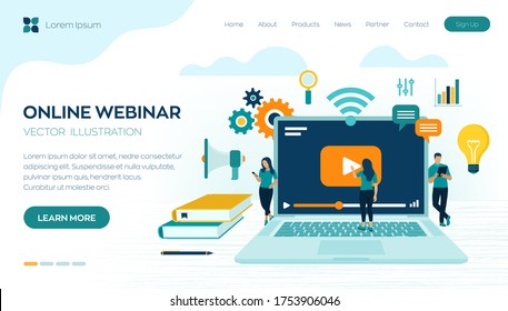 Webinar. Internet conference. Web based seminar. Distance Learning. E-learning concept with icons and characters. Video tutorials. Online courses. Workplace and working on laptop. Vector illustration.