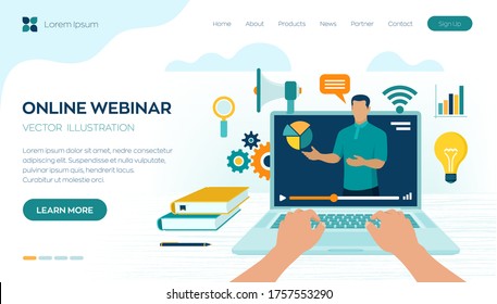 Webinar. Internet conference. Web based seminar. Distance Learning. E-learning Training business concept. Video tutorials. Online courses. Workplace and working on laptop. Vector illustration.