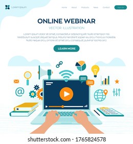 Webinar. Internet conference. Web based seminar. Distance Learning. E-learning Training business concept. Video tutorials. Online courses. Workplace and working on laptop. Vector illustration.