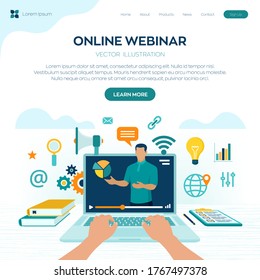 Webinar. Internet conference. Web based seminar. Distance Learning. E-learning Training business concept. Video tutorials. Online courses. Workplace and working on laptop. Vector illustration.