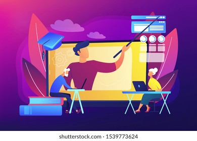 Webinar, Internet lesson. Distance university tutor, educator. Online learning for seniors, online courses for seniors, additional education concept. Bright vibrant violet vector isolated illustration