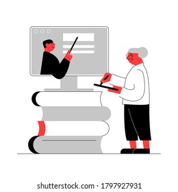 Webinar, internet lesson, distance university tutor, educator. Online courses, learning for seniors, additional education concept. Vector flat  illustration isolated on white. Design for landing page