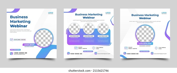 Webinar invitation social media post design templates. Modern square banner with white color background and place for the photo.