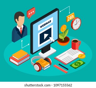 Webinar isometric colored concept with schematic elements assembled together and info about on the job training vector illustration